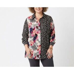 KOOS Of Course! Black Pink Floral Pure Silk Artsy BloomCore Button Down Tunic 1X